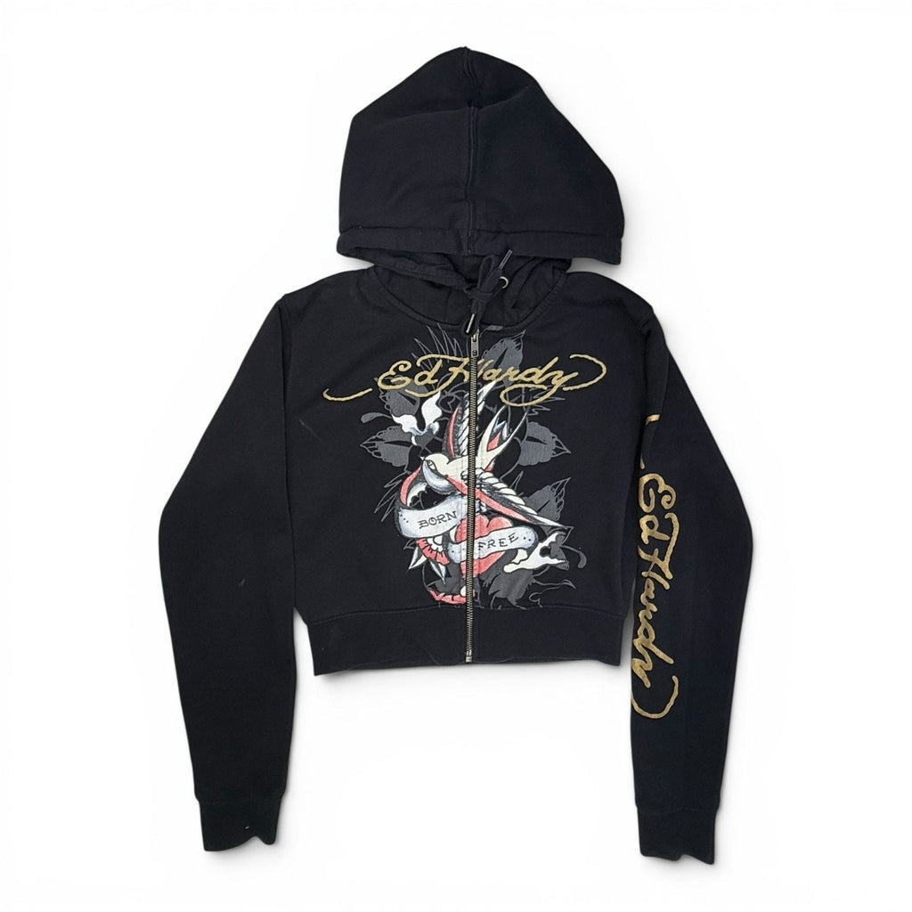 Ed Hardy Born Free Bird & Rose Cropped Zip-Up Hoodie Size M