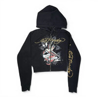 Ed Hardy Born Free Bird & Rose Cropped Zip-Up Hoodie Size M Ed Hardy