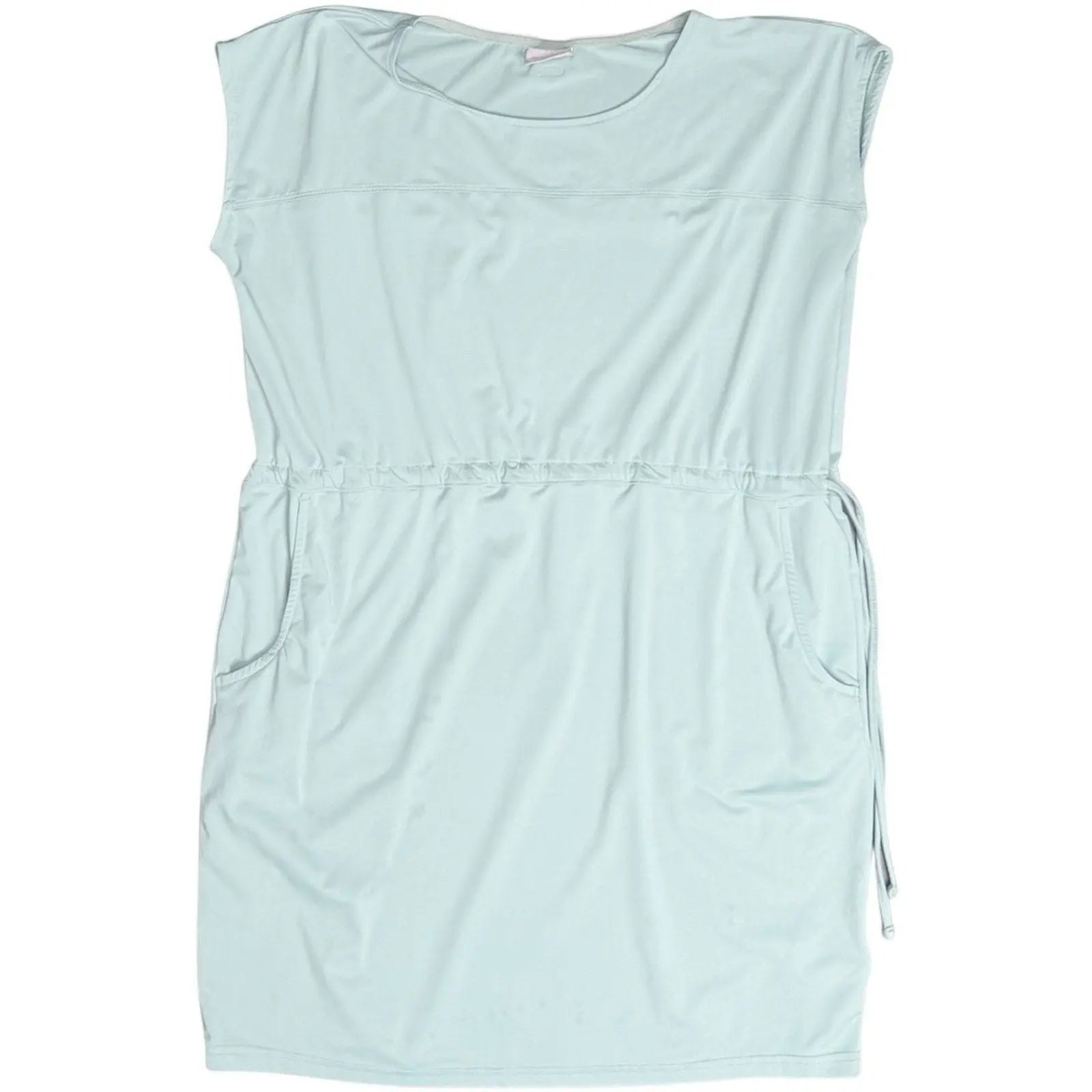 Columbia spray green sleeveless drawstring waist dress with pockets. Lightweight and breathable, perfect for casual wear or travel.