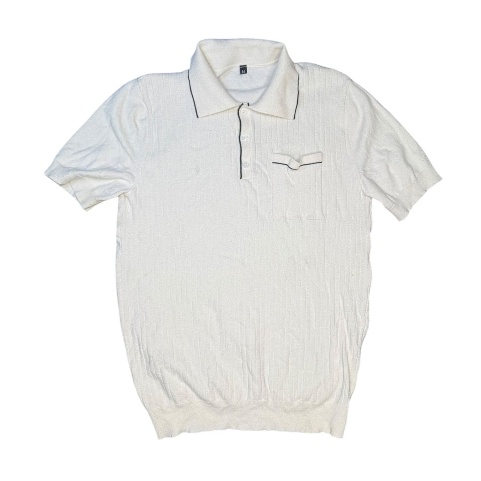 Fioboc Men's Cream White Ribbed Knit Short Sleeve Polo Shirt with Contrast Pipi