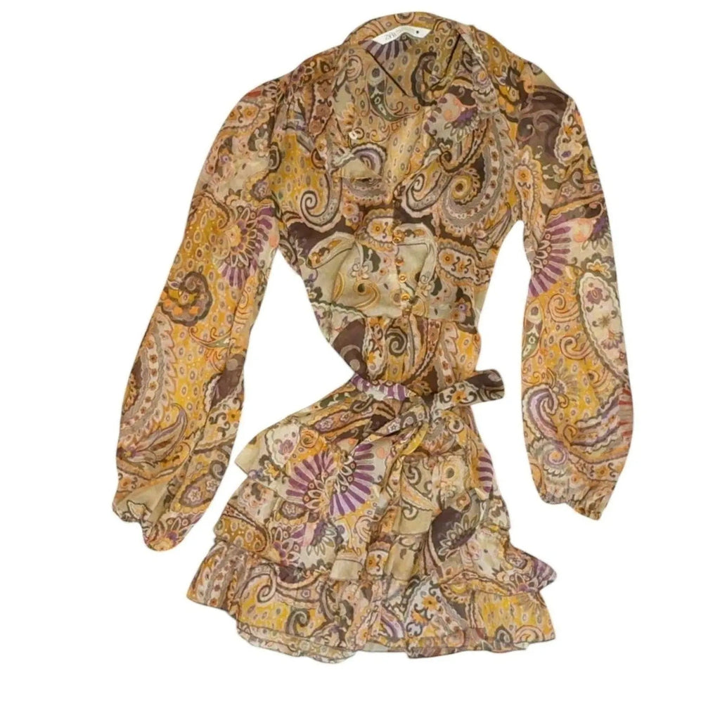 Zara Boho Paisley Mini Dress with Tiered Ruffles and Tie Waist Zara