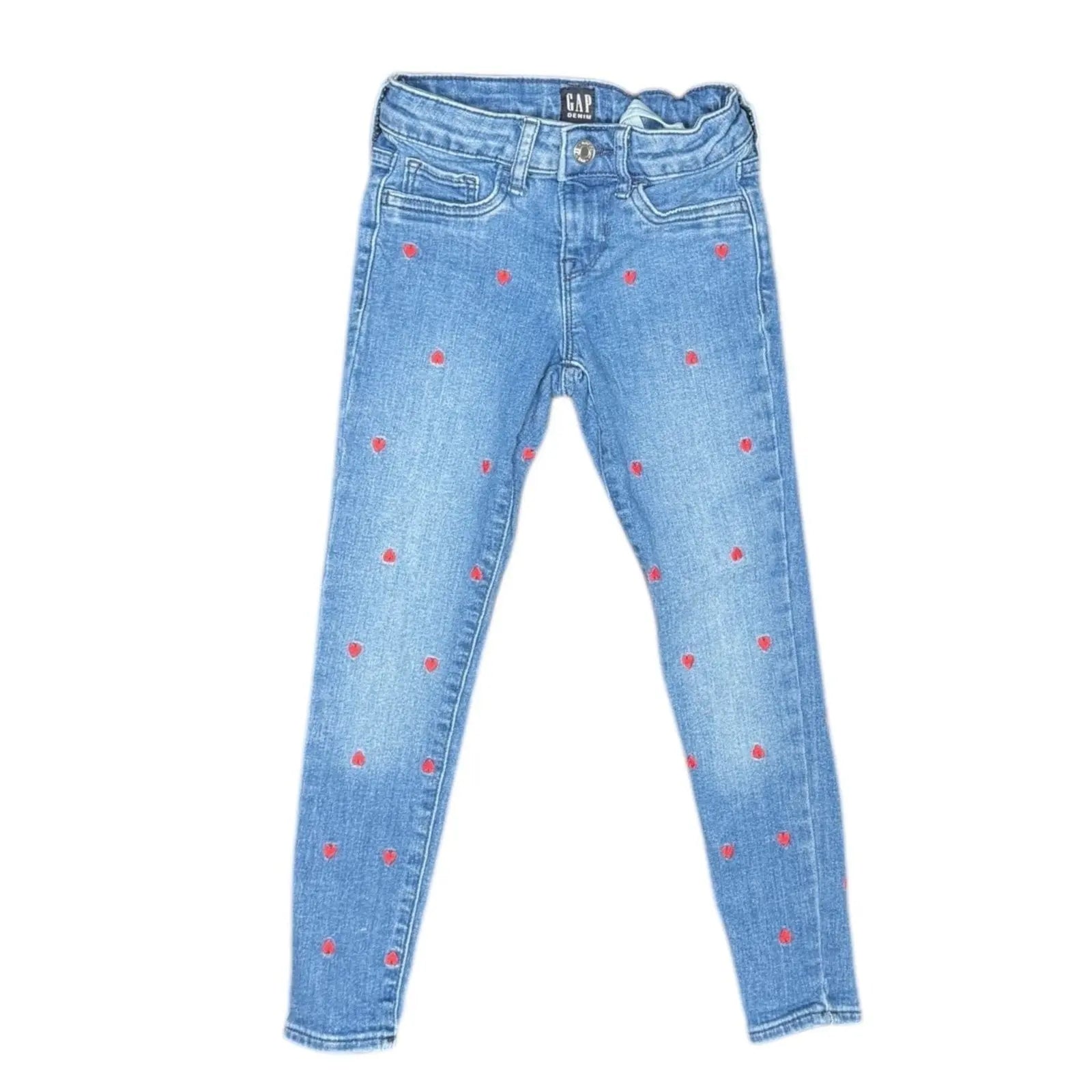 Gap Kids Heart Embroidered Skinny Jeans, Blue Denim with Red Hearts, Size XS Gap