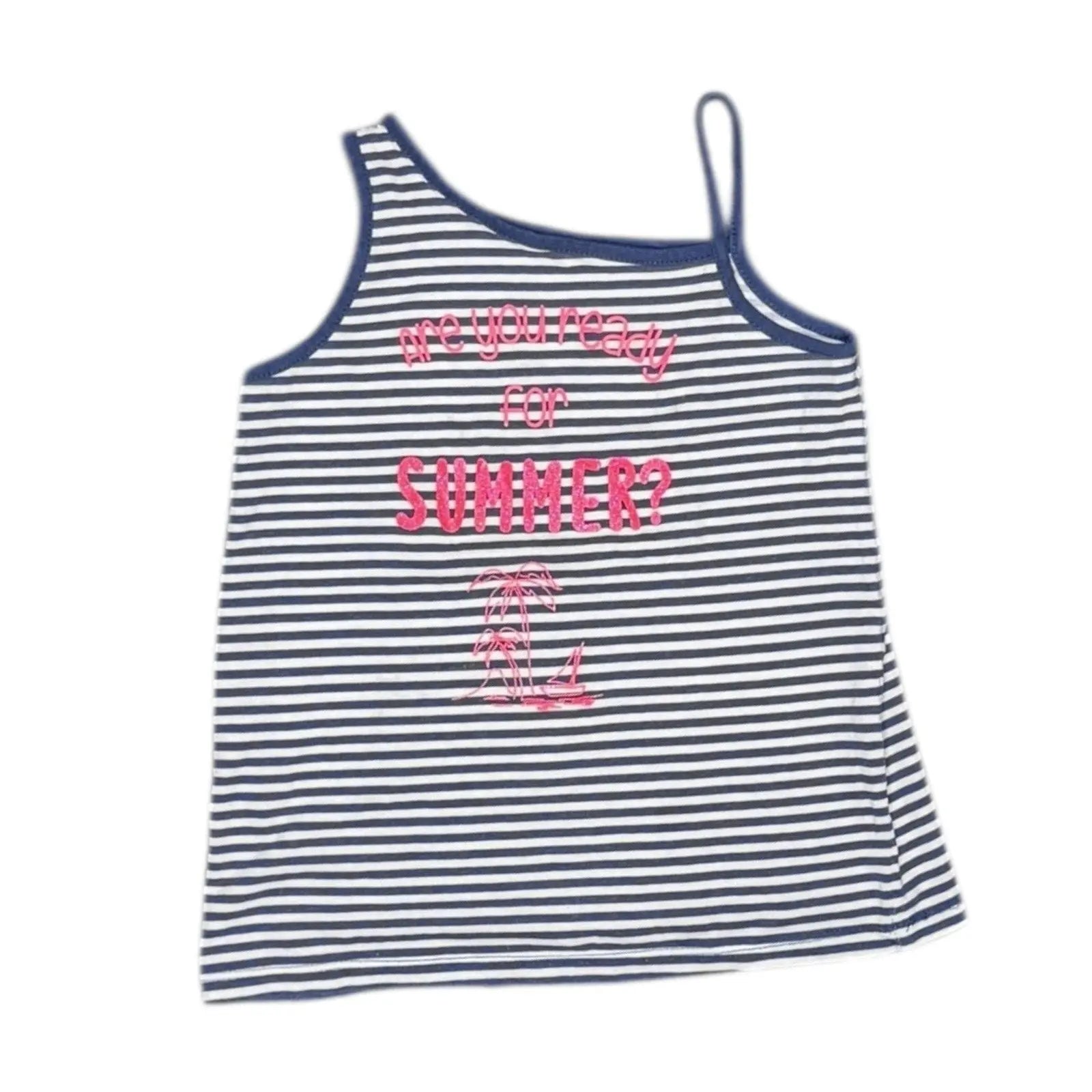 Girls Striped Summer Tank Top - Pink Glitter Graphic - Navy & White Unbranded