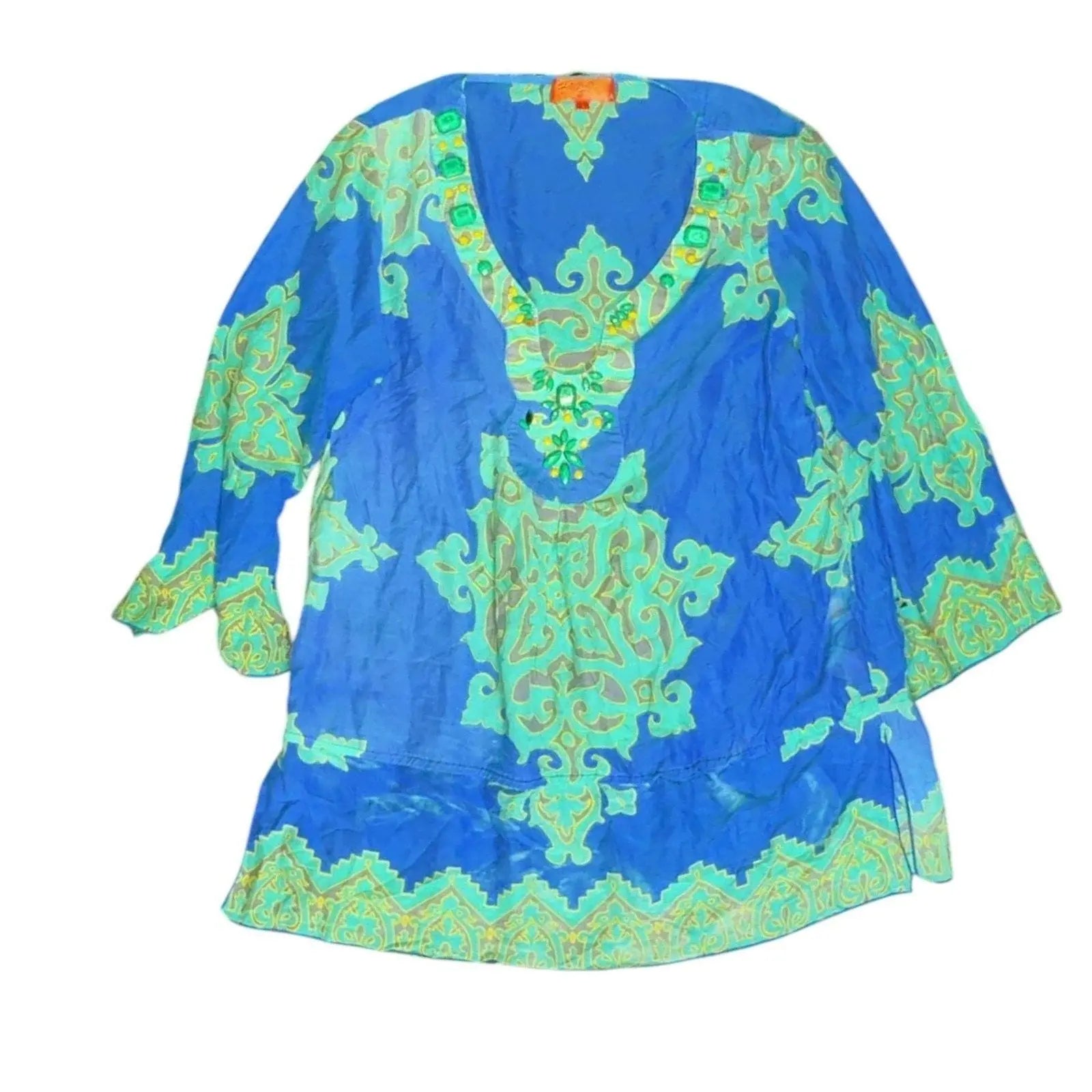 Shahida Parides Embellished Silk Tunic, Blue Paisley Resort Wear, Size M giving blooms foundation