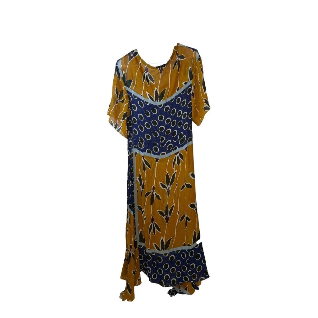 Zara Printed Midi Dress with High-Low Hem in Navy and Mustard Zara