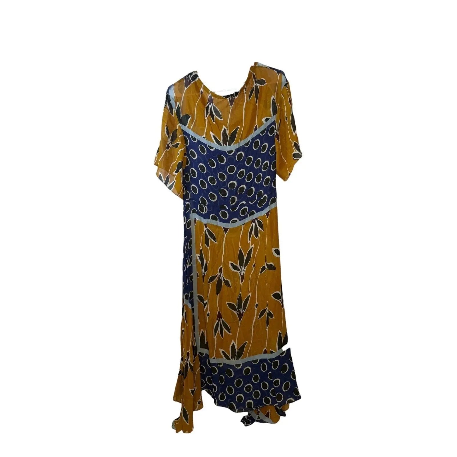 Zara Printed Midi Dress with High-Low Hem in Navy and Mustard Zara