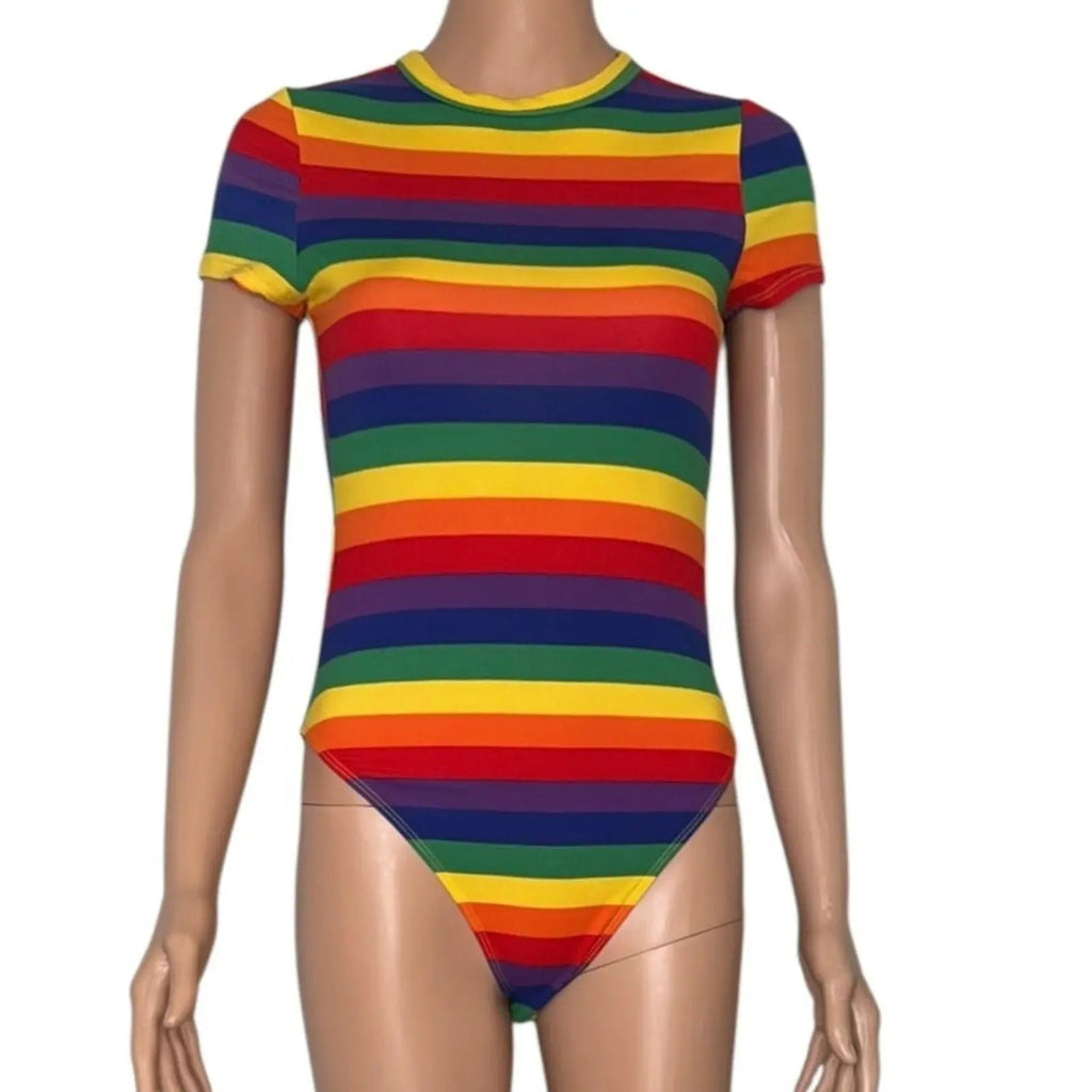 SHEIN Rainbow Striped Short Sleeve Crew Neck T-Shirt Bodysuit SHEIN