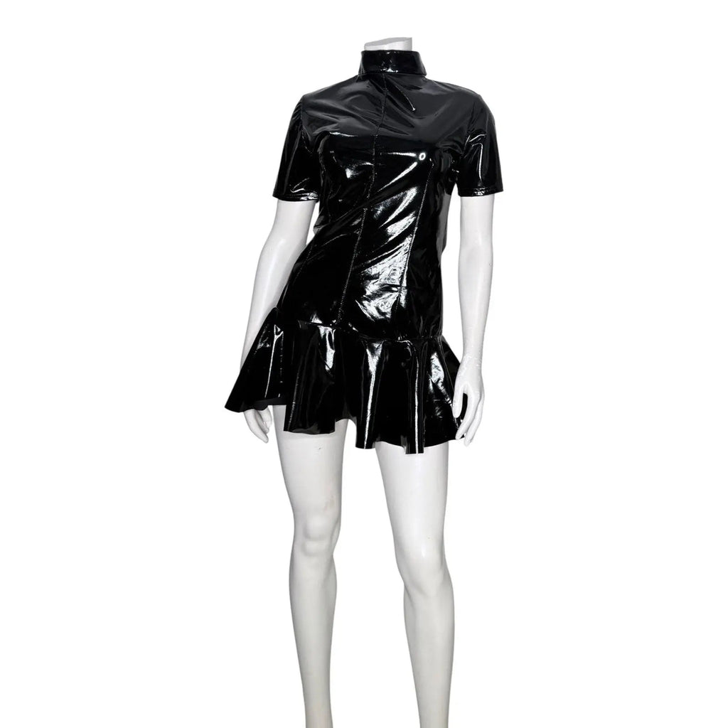 Miaou Frankie Black Latex PVC Short Sleeve Mini Dress with Back O-Ring Zipper Miaou
