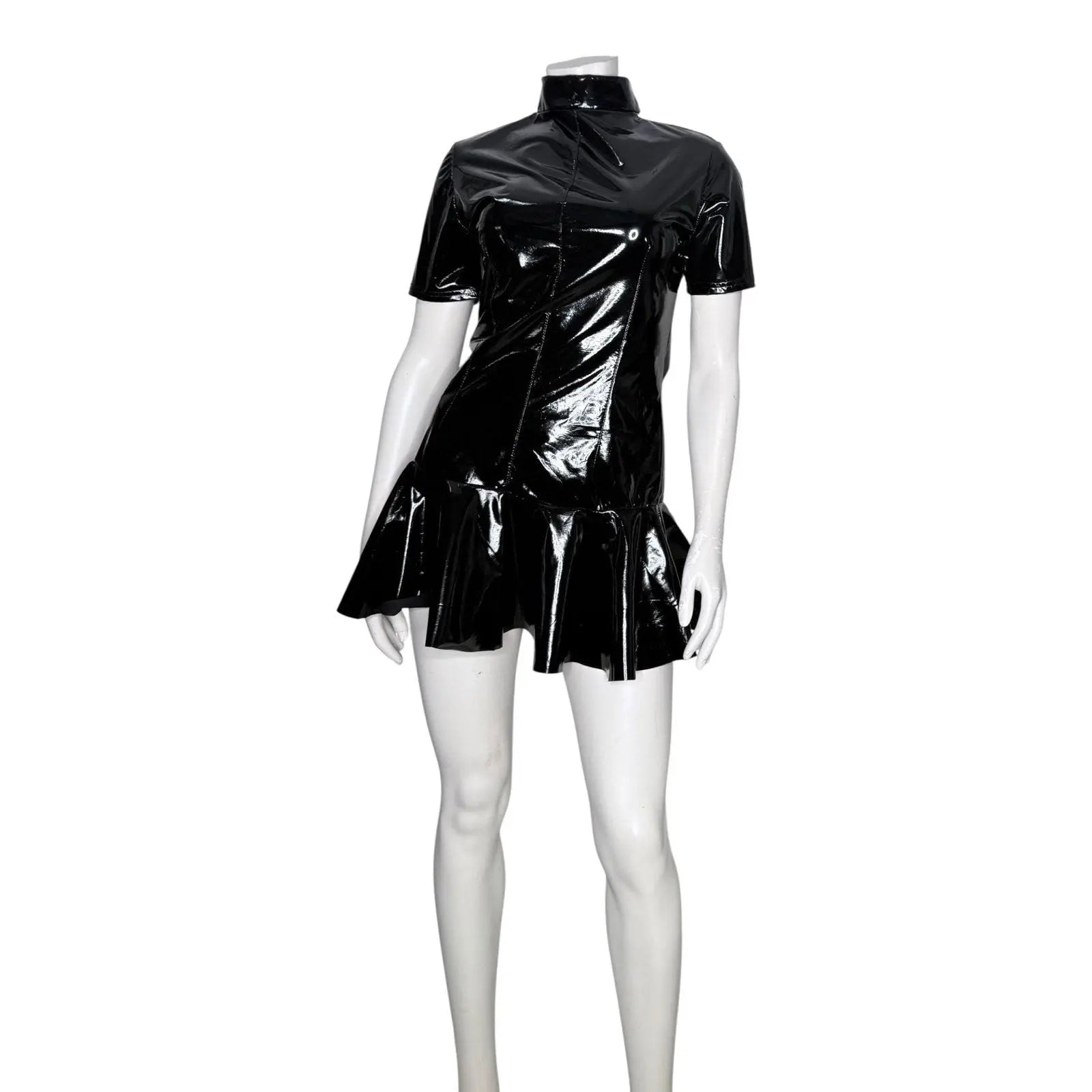 Miaou Frankie Black Latex PVC Short Sleeve Mini Dress with Back O-Ring Zipper Miaou