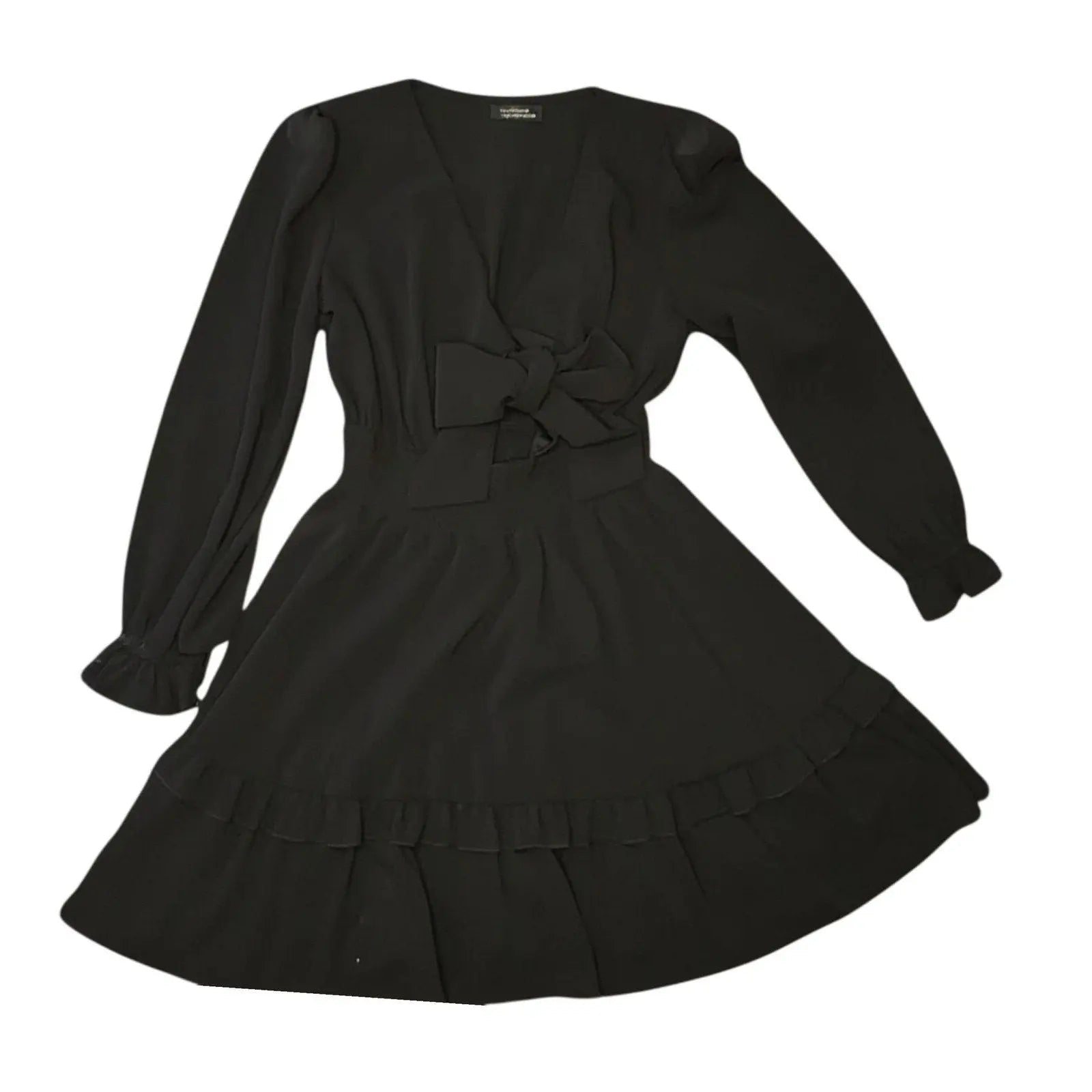 Stradivarius Black Long Sleeve Mini Dress with Bow Detail - Size S Stradivarius