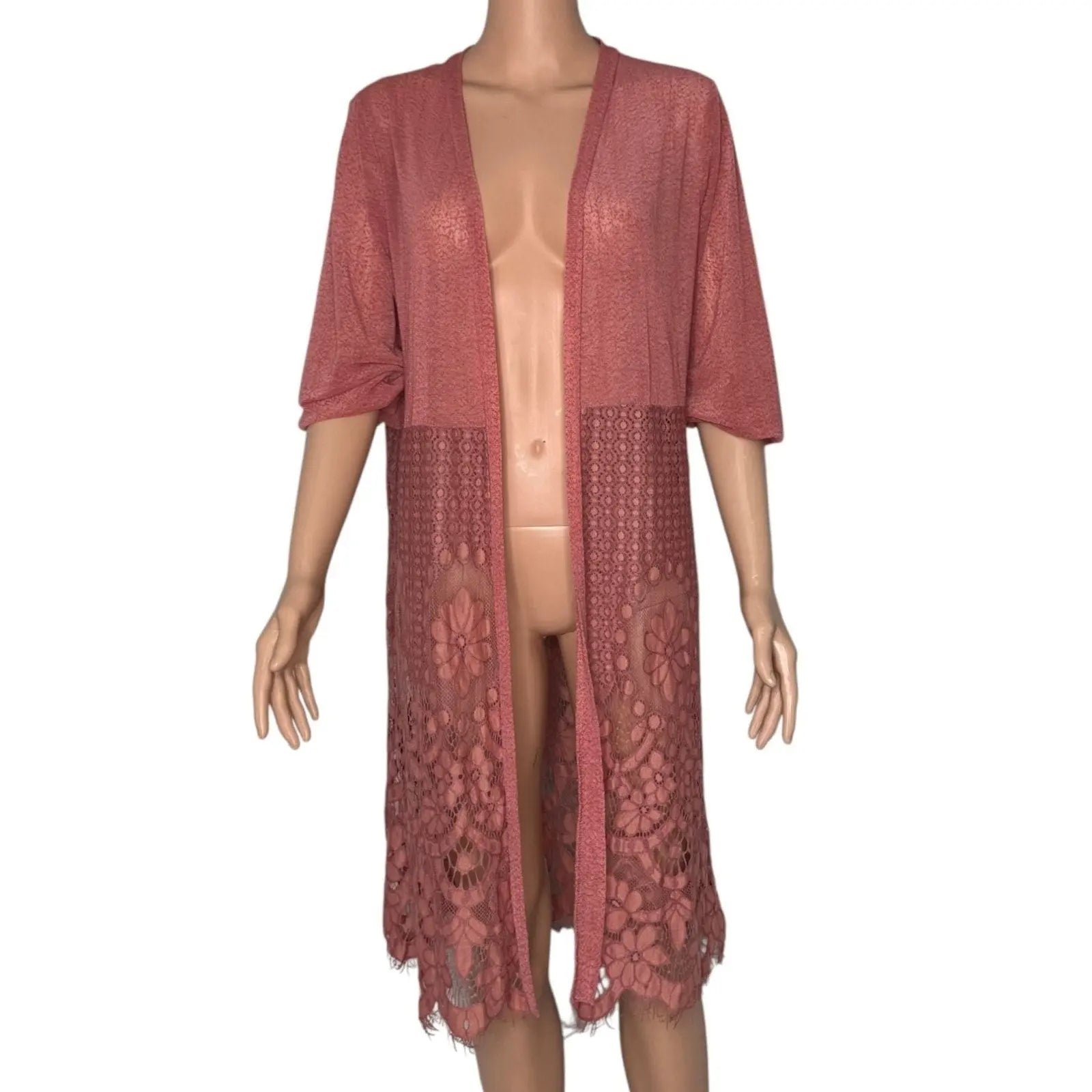 Ember Women's Dusty Rose Open Front Lace Hem Kimono Cardigan - Size M Ember