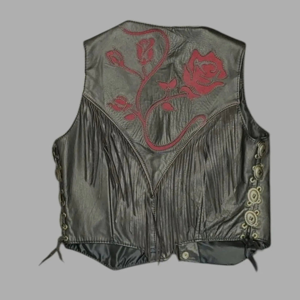 Vintage Gypsy Leathers Fringe Biker Vest, Red Rose Embroidery - Made in USA gypsy leathers