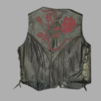 Vintage Gypsy Leathers Fringe Biker Vest, Red Rose Embroidery - Made in USA gypsy leathers