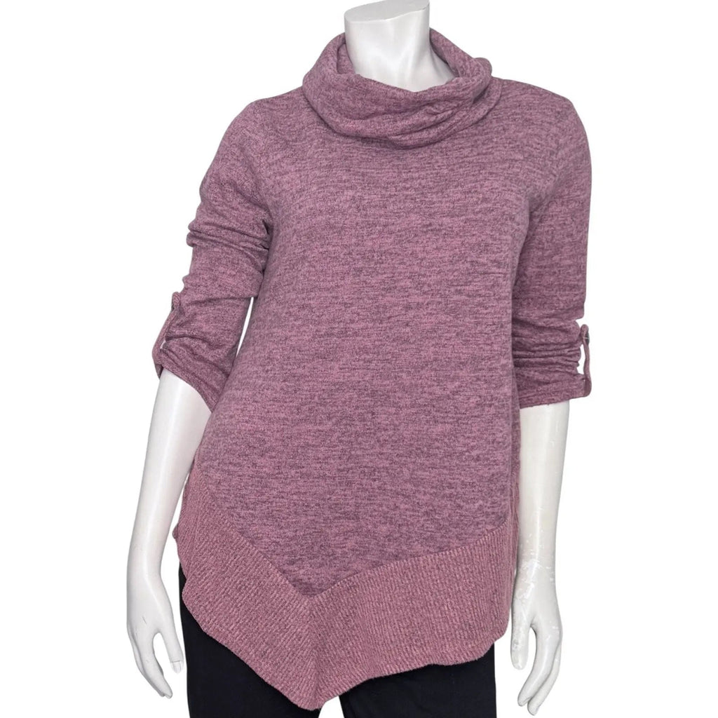 SJS Women's Cowl Neck Asymmetrical Tunic Sweater with Roll-Tab Sleeves SJS