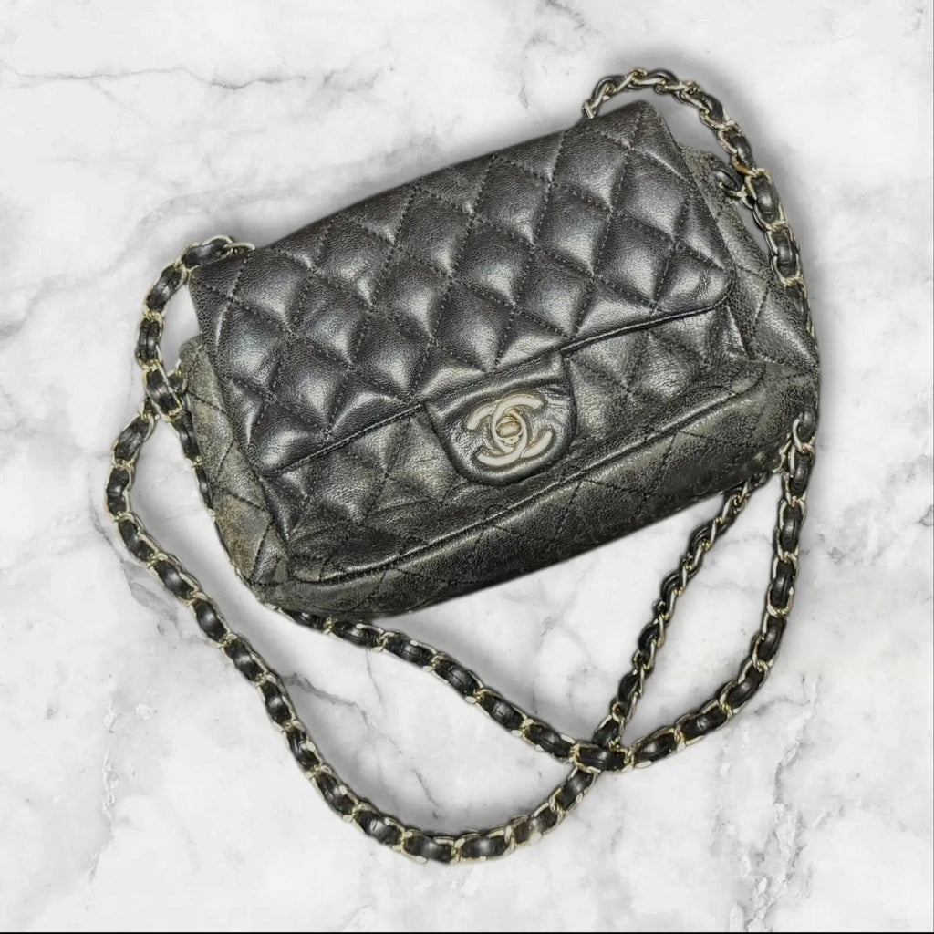 CHANEL Quilted Mini Flap Bag, Metallic Charocoal Leather, Silver-Tone Hardware. Chanel