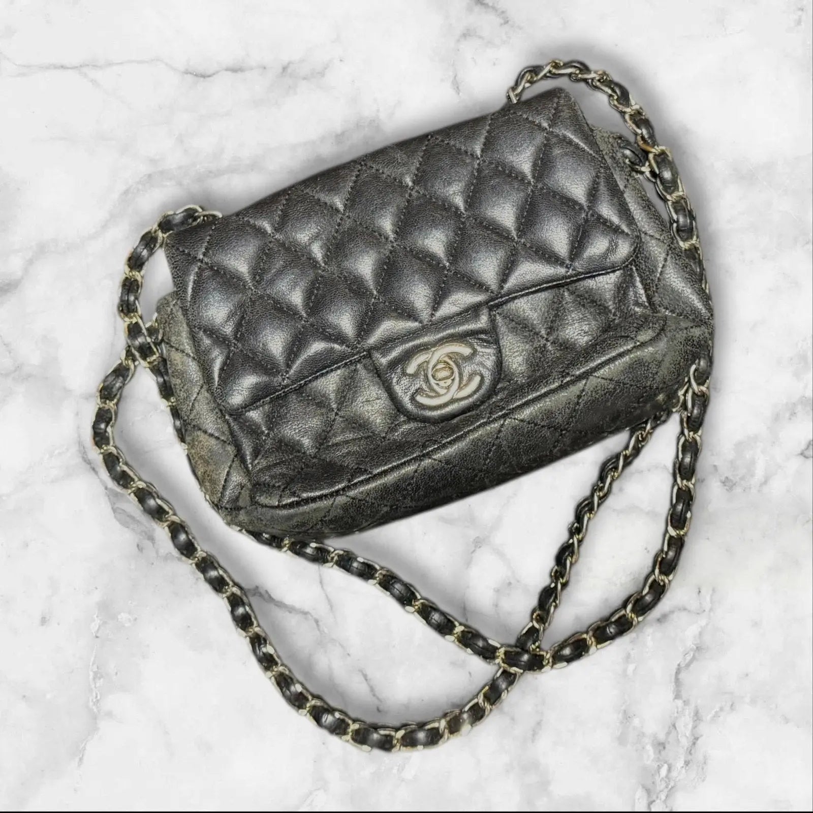 CHANEL Quilted Mini Flap Bag, Metallic Charocoal Leather, Silver-Tone Hardware. Chanel
