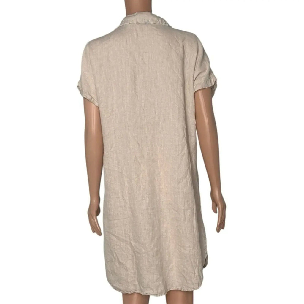 Azucar 100% Linen Short Sleeve Button Front Fringe Trim Shirt Dress with Pockets Azucar