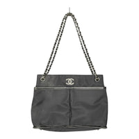 Chanel Black Nylon CC Mark Chain Tote Bag with Leather Trim Chanel