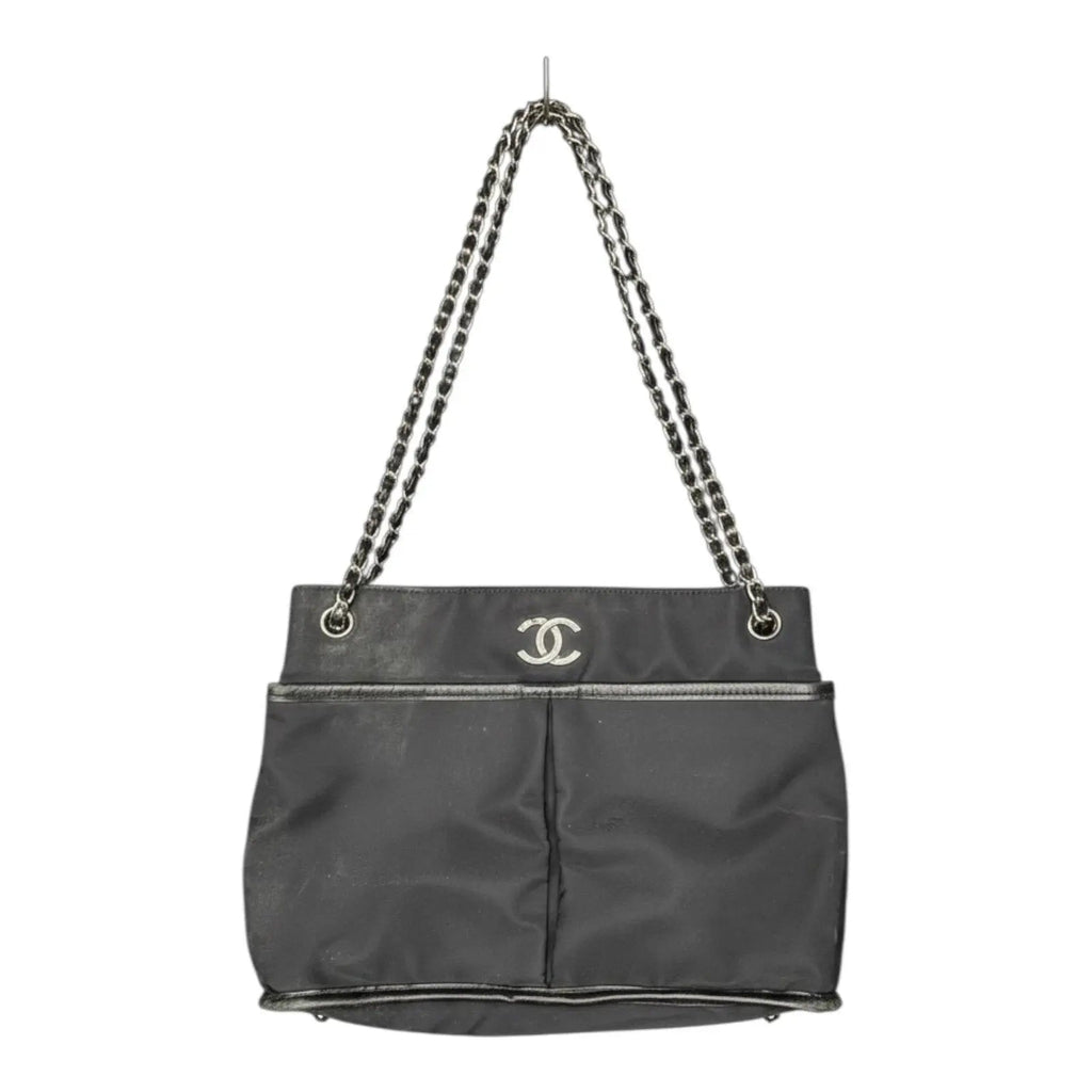 Chanel Black Nylon CC Mark Chain Tote Bag with Leather Trim Chanel