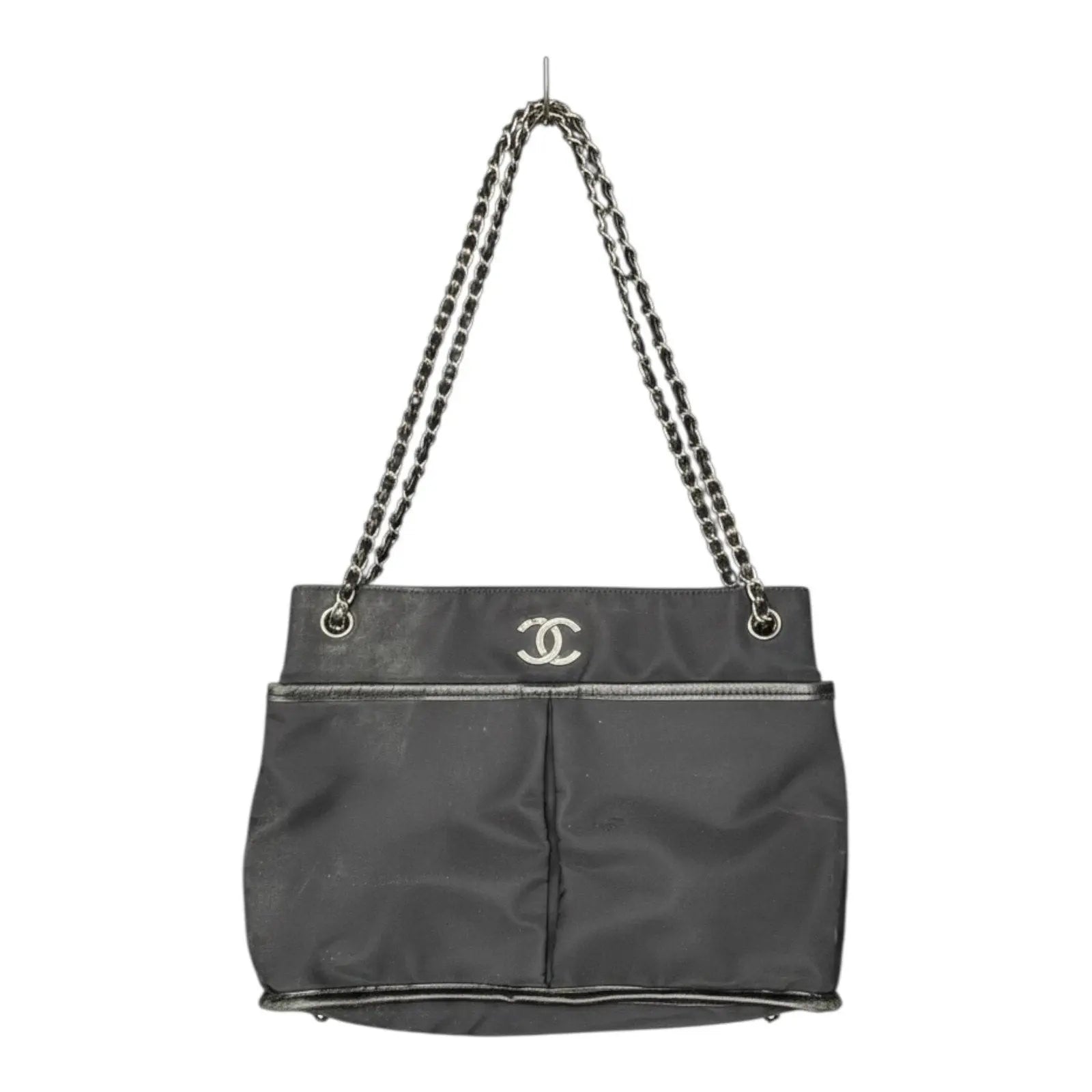 Chanel Black Nylon CC Mark Chain Tote Bag with Leather Trim Chanel