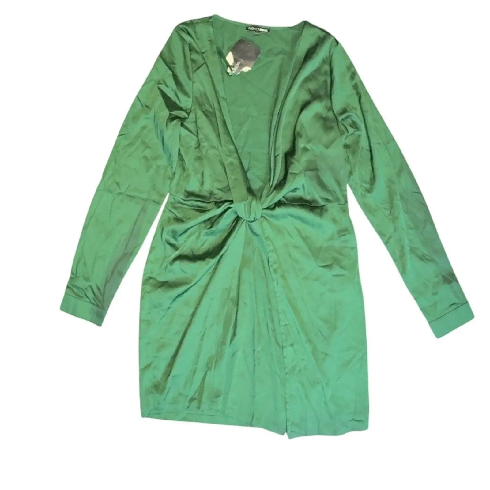 Fashion Nova Emerald Green Satin Front Twist Mini Dress, NWT - Size Medium giving blooms foundation