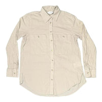 Club Monaco women's beige crinkle cotton button-down shirt, size XS, front view with dual chest pockets and curved hem.