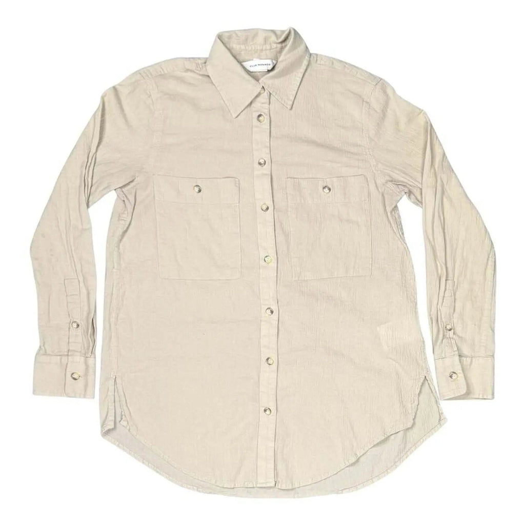 Club Monaco women's beige crinkle cotton button-down shirt, size XS, front view with dual chest pockets and curved hem.