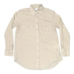 Club Monaco women's beige crinkle cotton button-down shirt, size XS, front view with dual chest pockets and curved hem.
