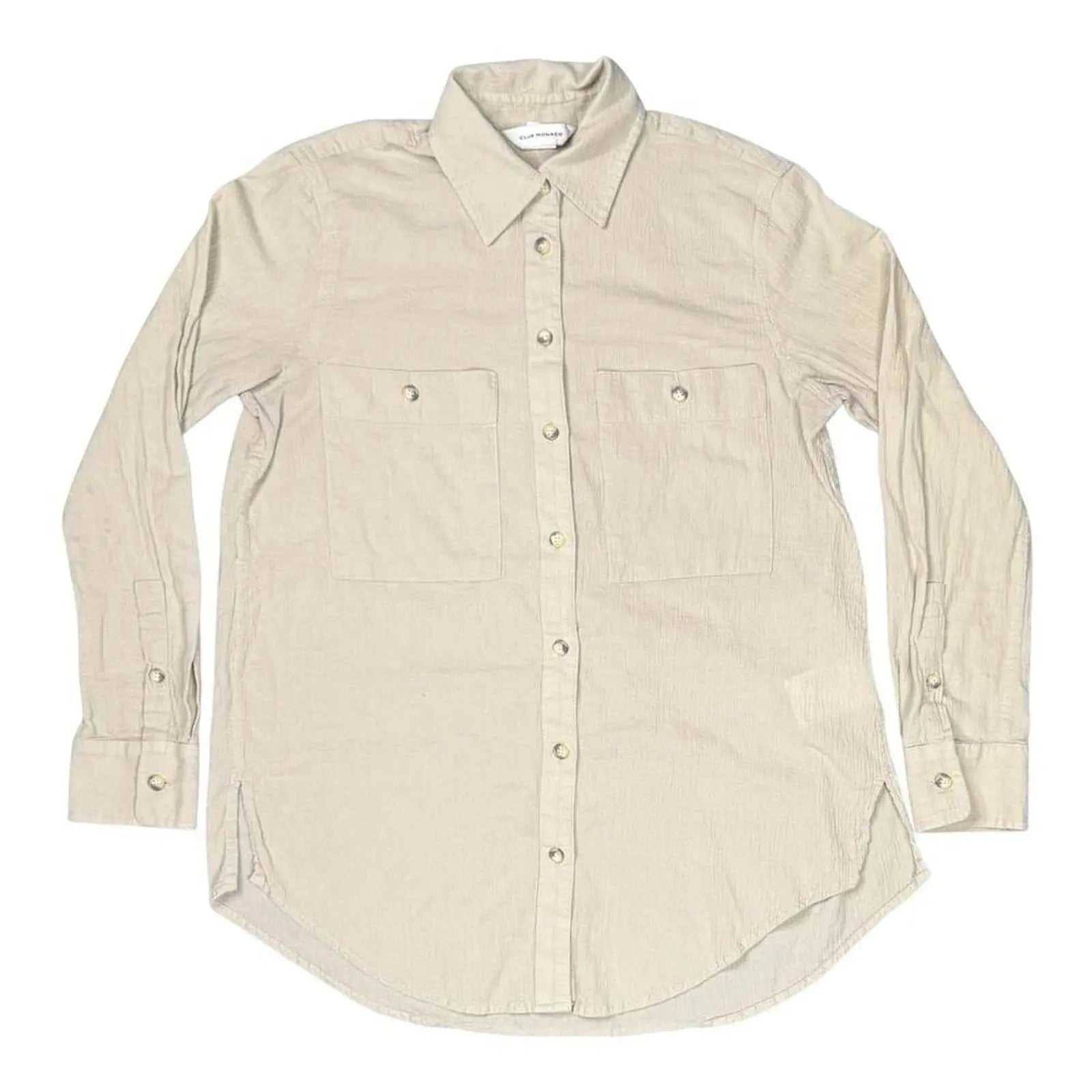 Club Monaco women's beige crinkle cotton button-down shirt, size XS, front view with dual chest pockets and curved hem.