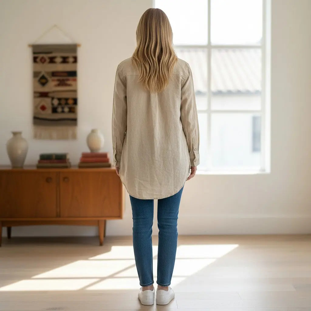Virtual model back view of Club Monaco women's beige crinkle cotton button-down shirt, size XS.