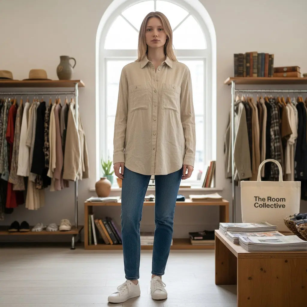 Virtual model front view of Club Monaco women's beige crinkle cotton button-down shirt, size XS.