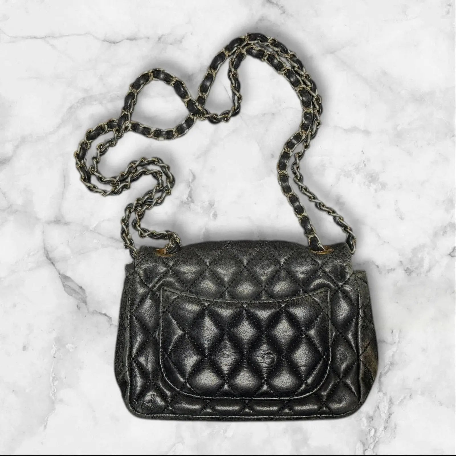 CHANEL Quilted Mini Flap Bag, Metallic Charocoal Leather, Silver-Tone Hardware. Chanel
