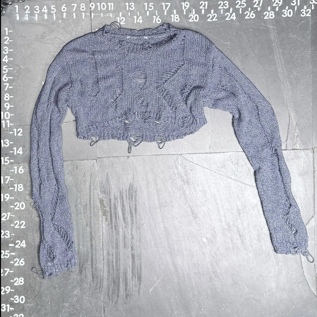 Zara Metallic Blue Distressed Open Knit Cropped Shrug Sweater Zara