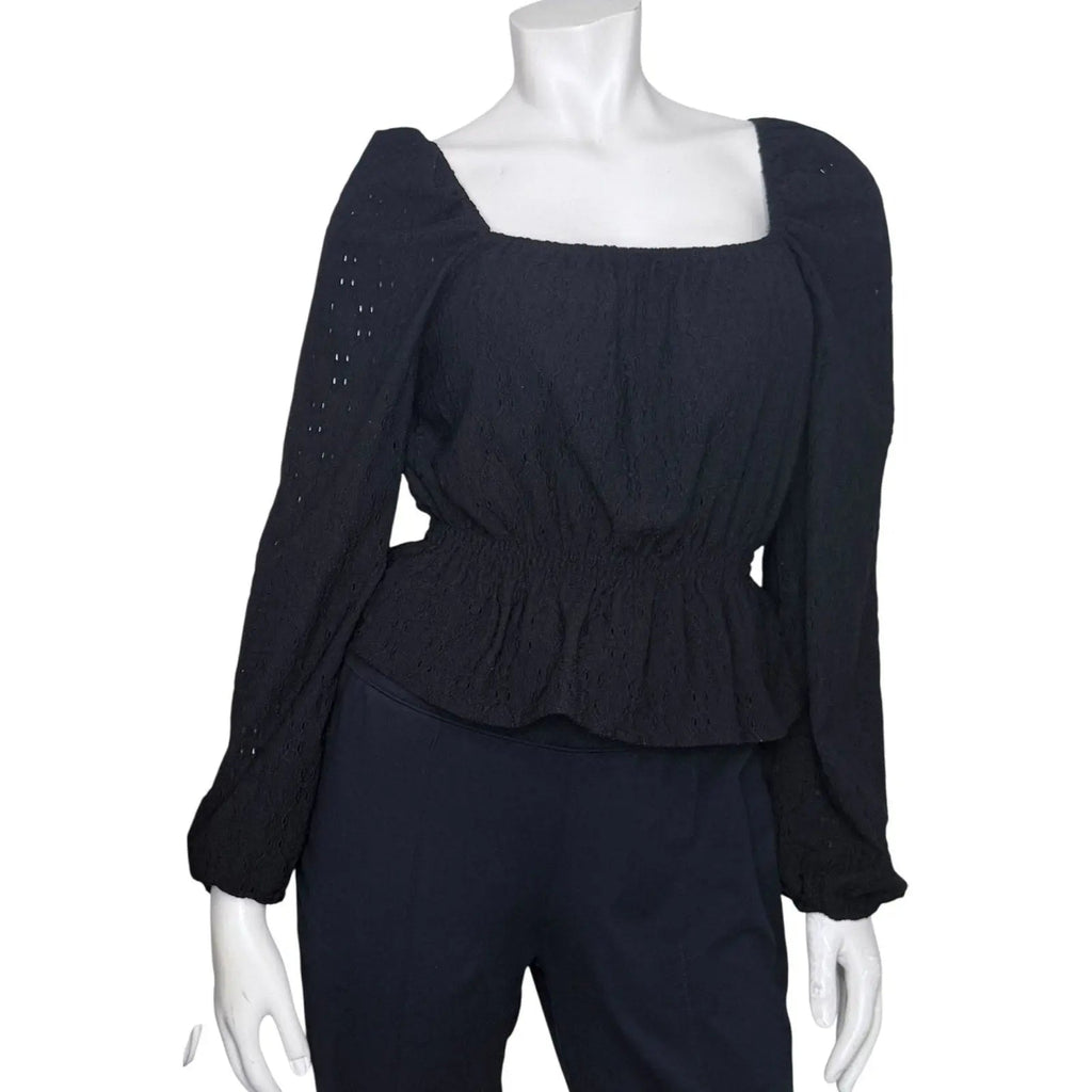 SO Black Eyelet Smocked Square Neck Peplum Top with Lantern Sleeves SO