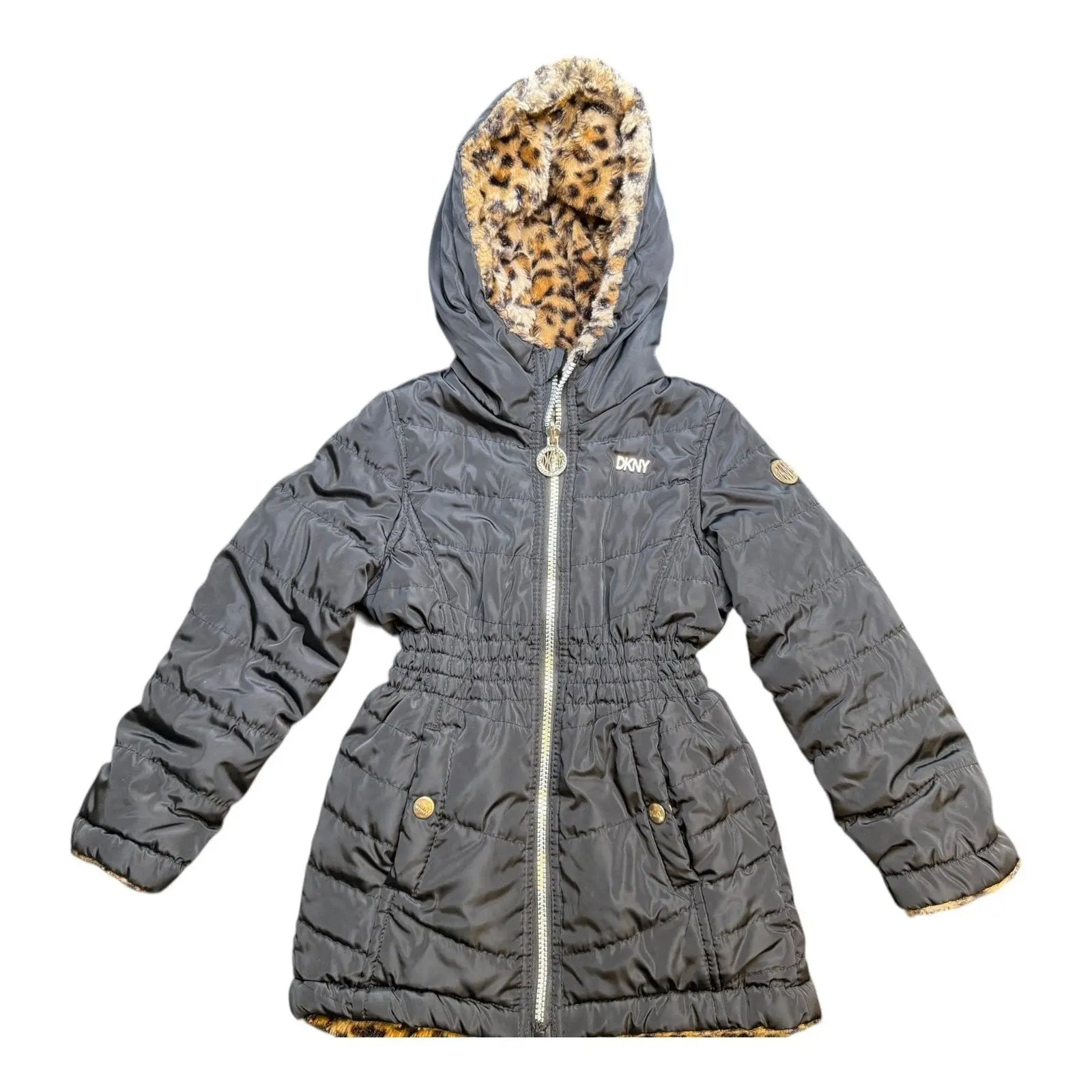 DKNY Girls Reversible Black Puffer Jacket with Leopard Faux Fur Lining giving blooms foundation