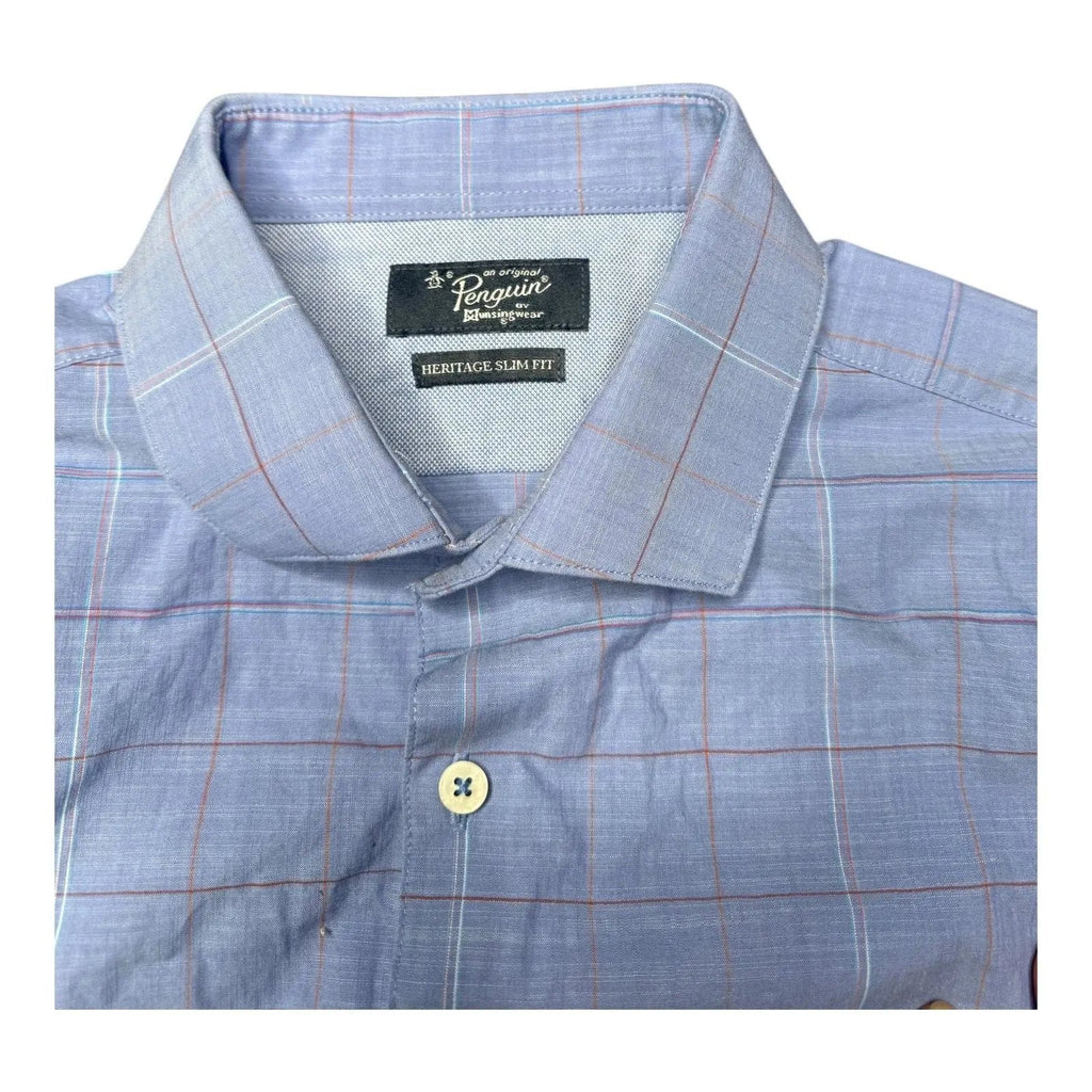 Original Penguin by Munsingwear Heritage Slim Fit Blue Windowpane Long Sleeve Sh Penguin