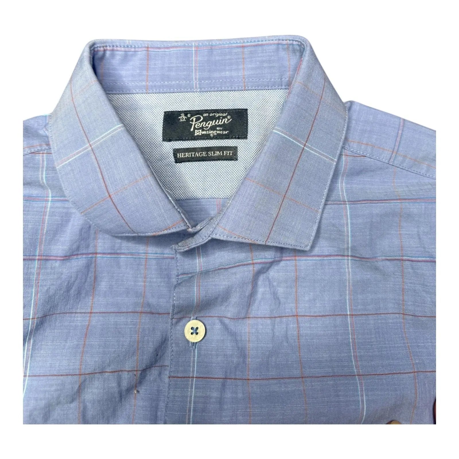 Original Penguin by Munsingwear Heritage Slim Fit Blue Windowpane Long Sleeve Sh Penguin