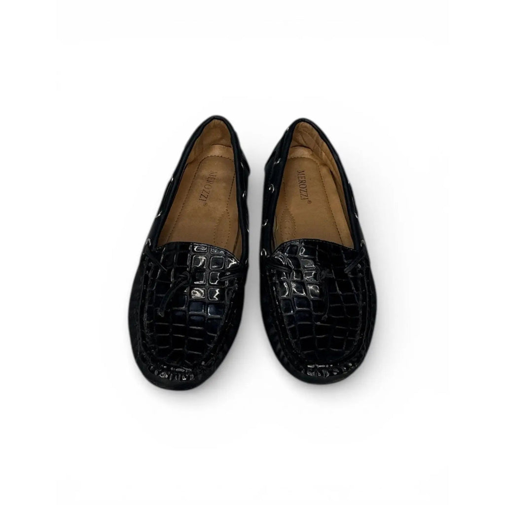 Merozzi Women's Black Croc-Embossed Patent Leather Driving Loafers Merozzi