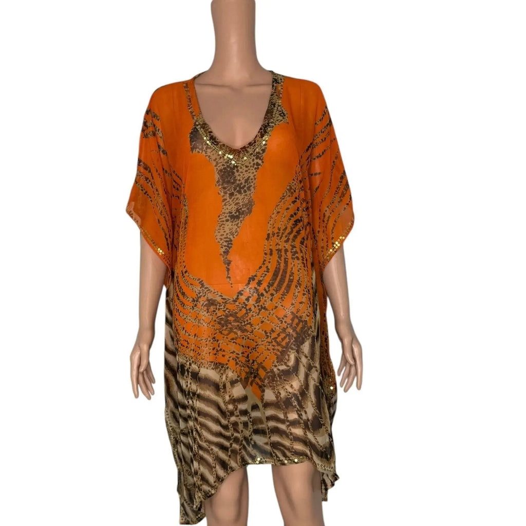 La Moda Embellished Animal Print V-Neck Kaftan Beach Cover-Up-one size La Moda