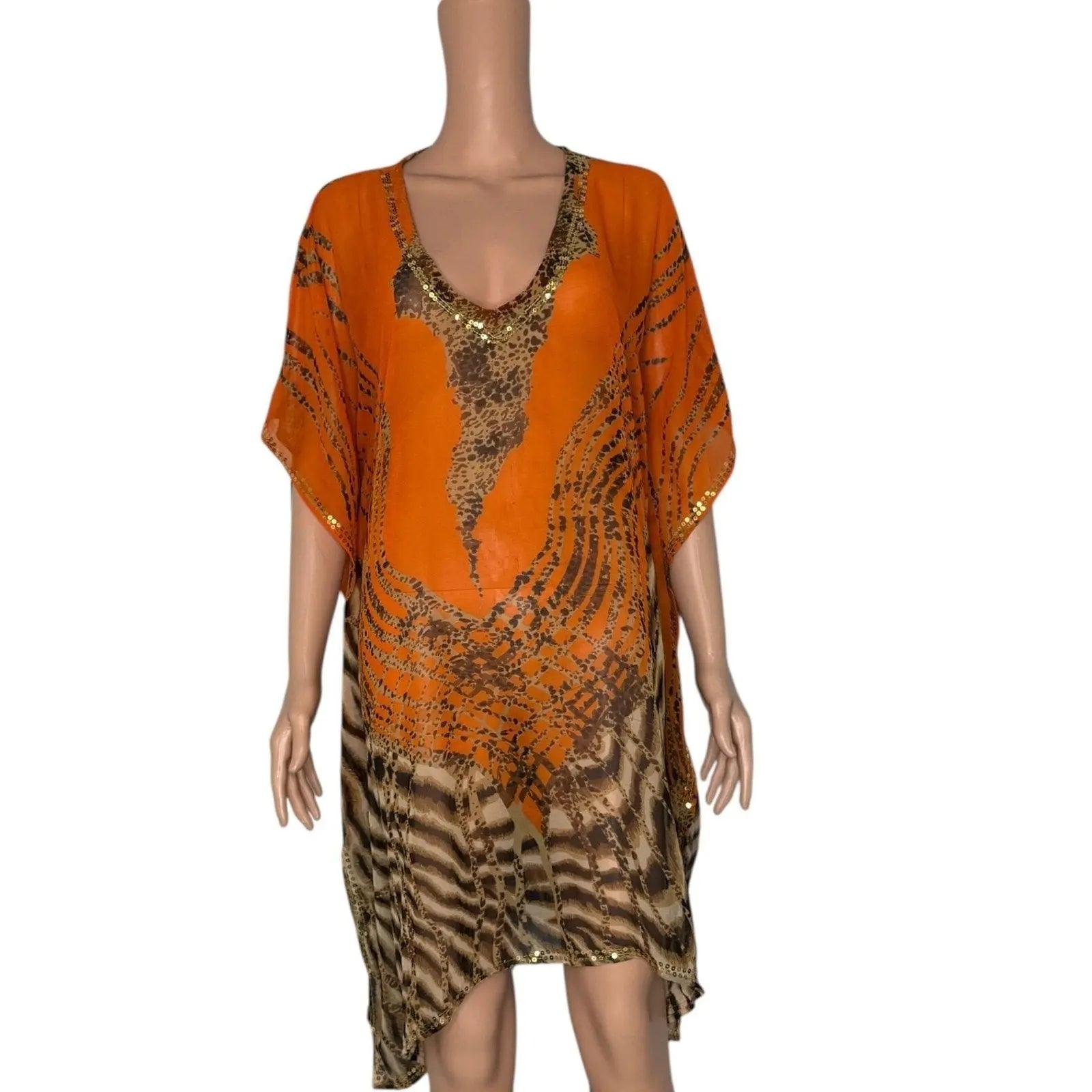 La Moda Embellished Animal Print V-Neck Kaftan Beach Cover-Up-one size La Moda