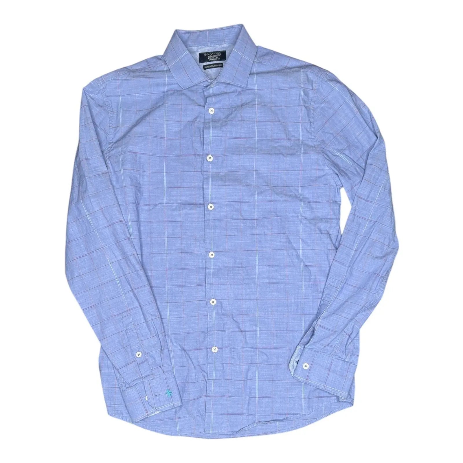 Original Penguin by Munsingwear Heritage Slim Fit Blue Windowpane Long Sleeve Sh Penguin