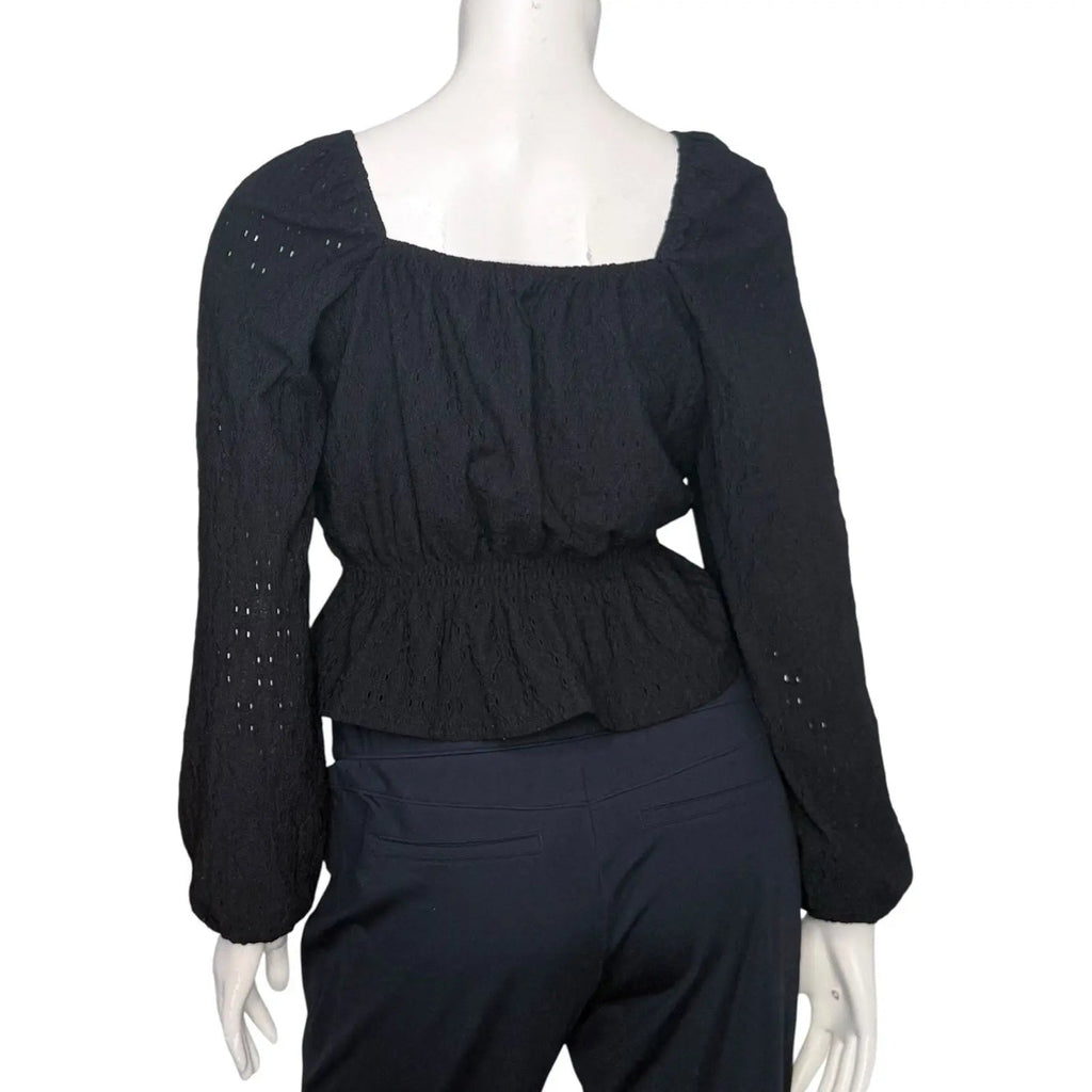 SO Black Eyelet Smocked Square Neck Peplum Top with Lantern Sleeves SO