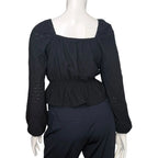 SO Black Eyelet Smocked Square Neck Peplum Top with Lantern Sleeves SO