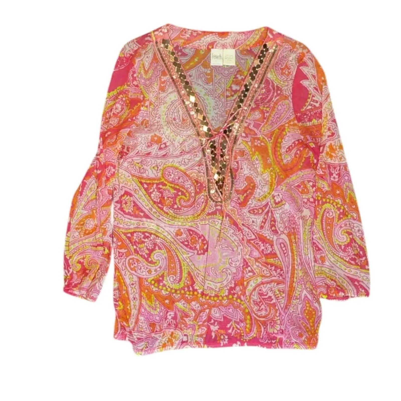 Beach by Exist Pink Paisley Tunic Top, Embellished Neckline, Women's Size M giving blooms foundation