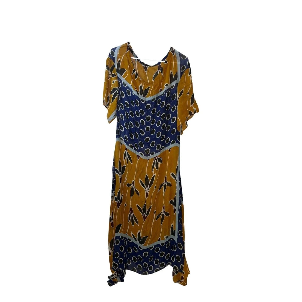 Zara Printed Midi Dress with High-Low Hem in Navy and Mustard Zara
