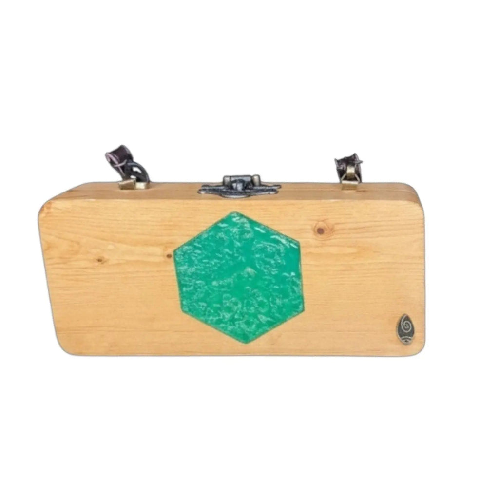 Pluci Handmade Teakwood Box Purse with Green Epoxy Resin Inlay Pluci