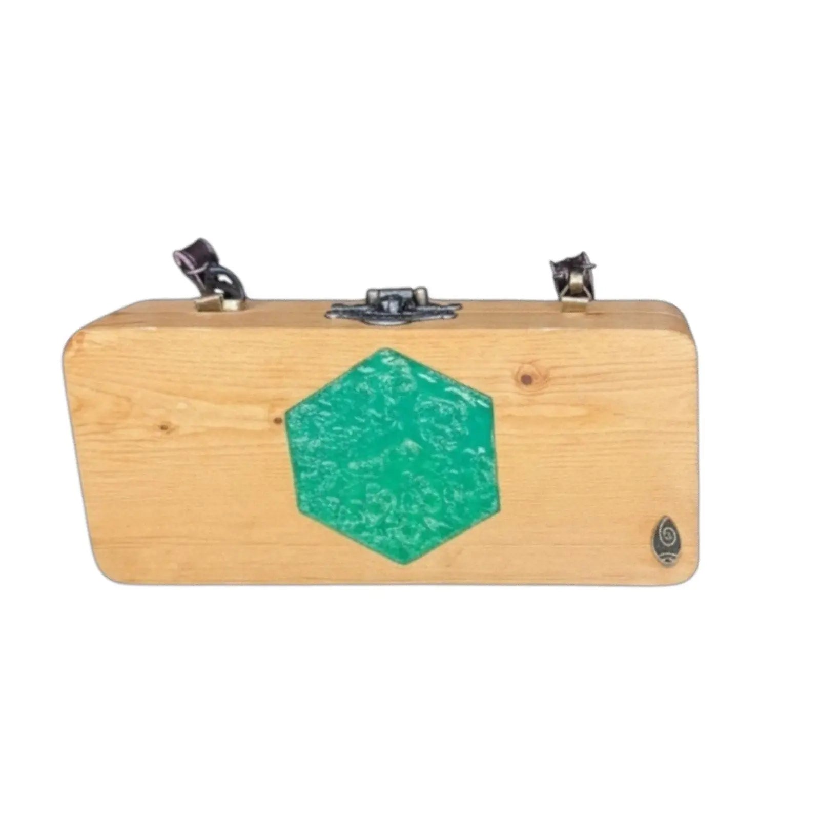 Pluci Handmade Teakwood Box Purse with Green Epoxy Resin Inlay Pluci
