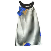 Women's Striped Shift Dress with Blue Floral Accent, Sleeveless Summer Dress giving blooms foundation