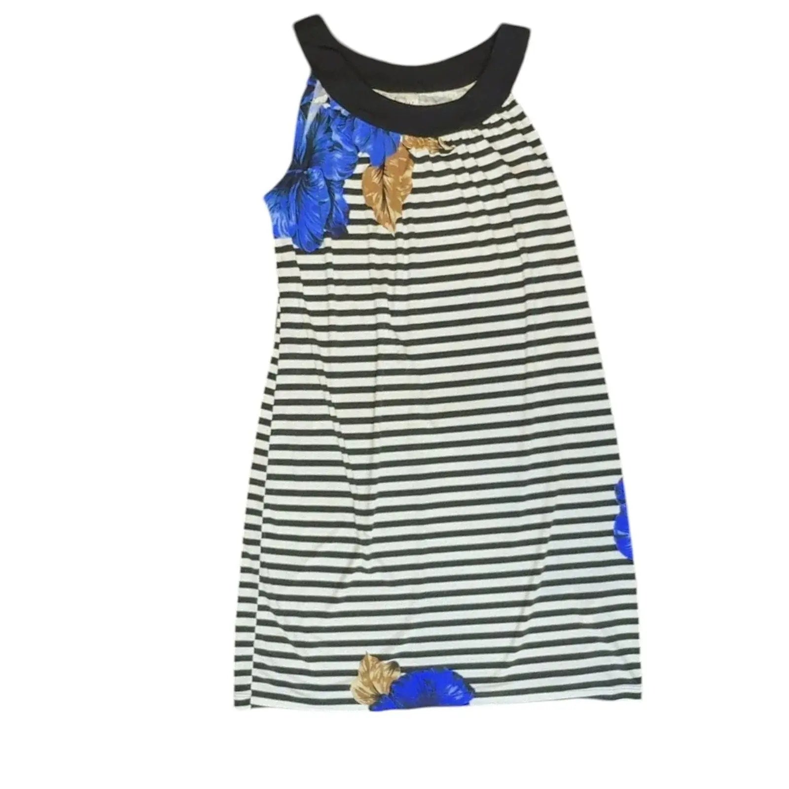 Women's Striped Shift Dress with Blue Floral Accent, Sleeveless Summer Dress giving blooms foundation