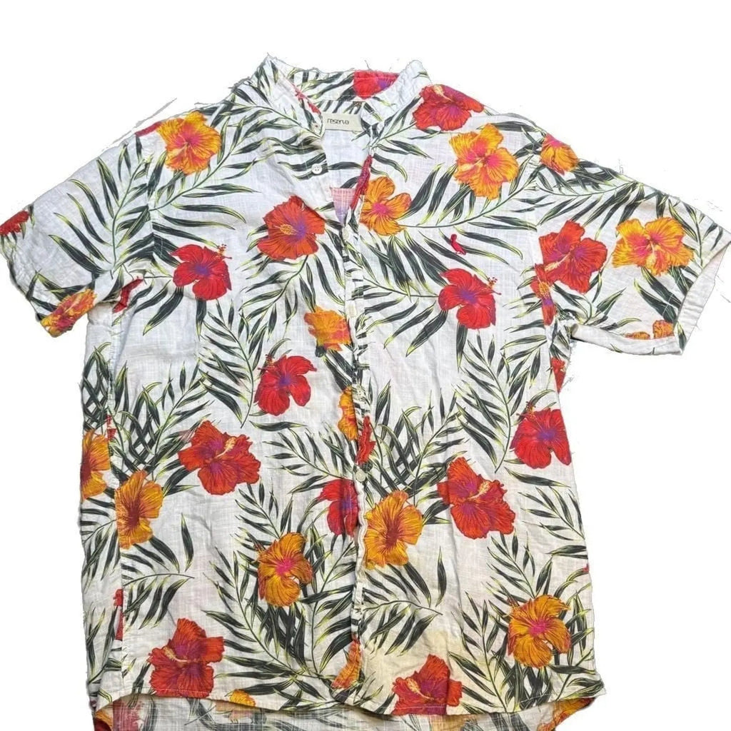 Reserva Men's White Tropical Hibiscus Floral Short Sleeve Linen Shirt giving blooms foundation